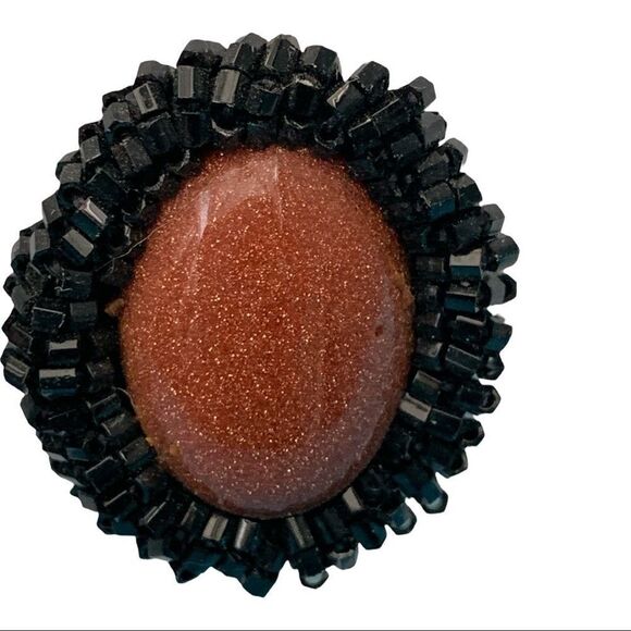 Hand beaded goldstone black glass bugle bead earrings pierced artist made - Picture 13 of 13